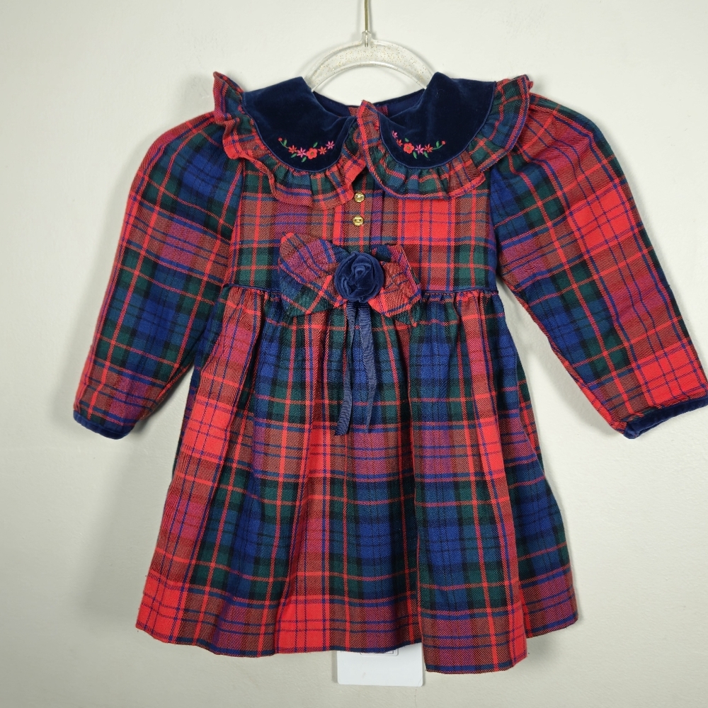 Baby Girl Vintage Plaid Velvet Holiday Red Blue Green Long Sleeve Dress Size 2T